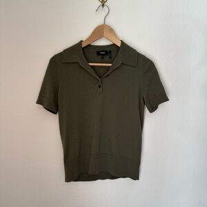 Theory Olive Button Down Polo Collar Top